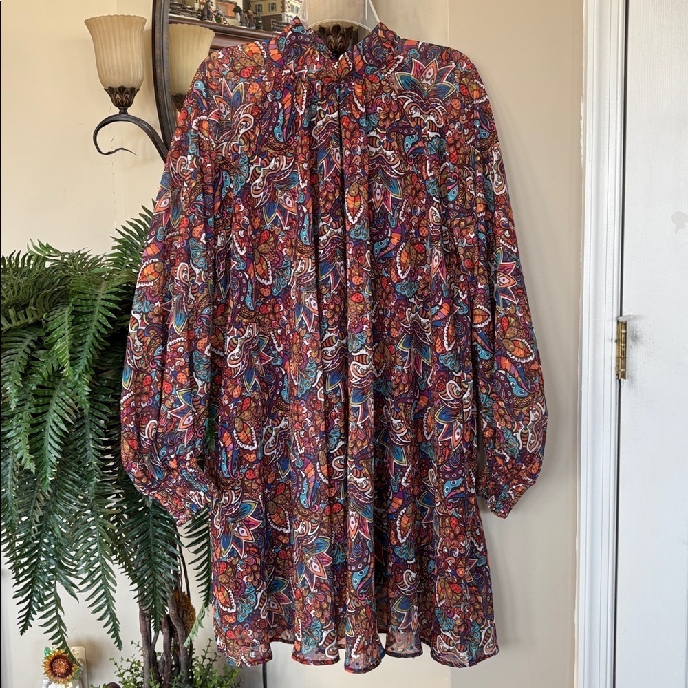 AURA Colorful Long Sleeve Flowy Boho Sheer Dress Tie Bow Back Lined High Neck